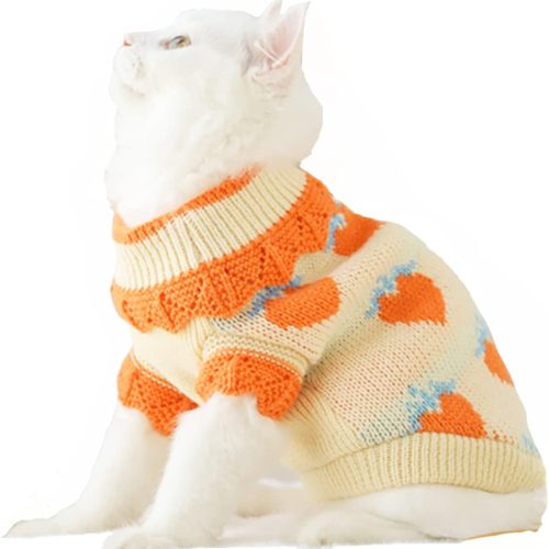 Fall Dog Sweater for Small Dog Girl Strawberry Knitted Cat Sweater Winter Puppy Clothes Turtleneck Kitten Knitwear Could Weather Outfit for Teacup Chihuahua Yorkie Poodle (Small, Orange)