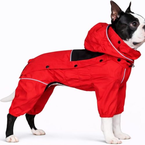Fleece-Lined Dog Raincoat with Removable Hood – Waterproof Winter Full Body Dog Jacket – Windproof Snowproof Cold-Weather Suit – Red-F L