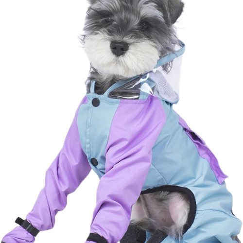Full Coverage Small Dog Raincoat, 4-Leg Waterproof Jacket with Leash Hole & Backpack, Quick-Dry Pet Rain Gear for Teddy, Bichon, Schnauzer (Blue&Purple, Small(Suggest weight3.3-5.5lb))