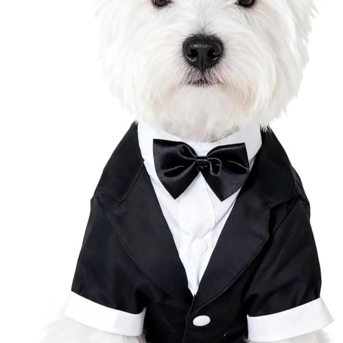 Pets Wedding Jackets Suit for Dogs with Bow Tie Puppy Cat Formal Clothes Shirt Tuxedo (Black, M (Chest 15.3in/39cm)