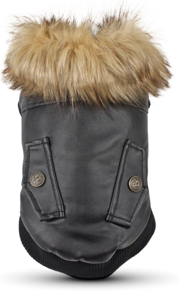 Dog Leather Jacket for Small Dogs, Waterproof Dog Winter Jacket Puppy Coat with Fleece Lined, Ultra Warm Fur Collar Doggie Coat, Black M