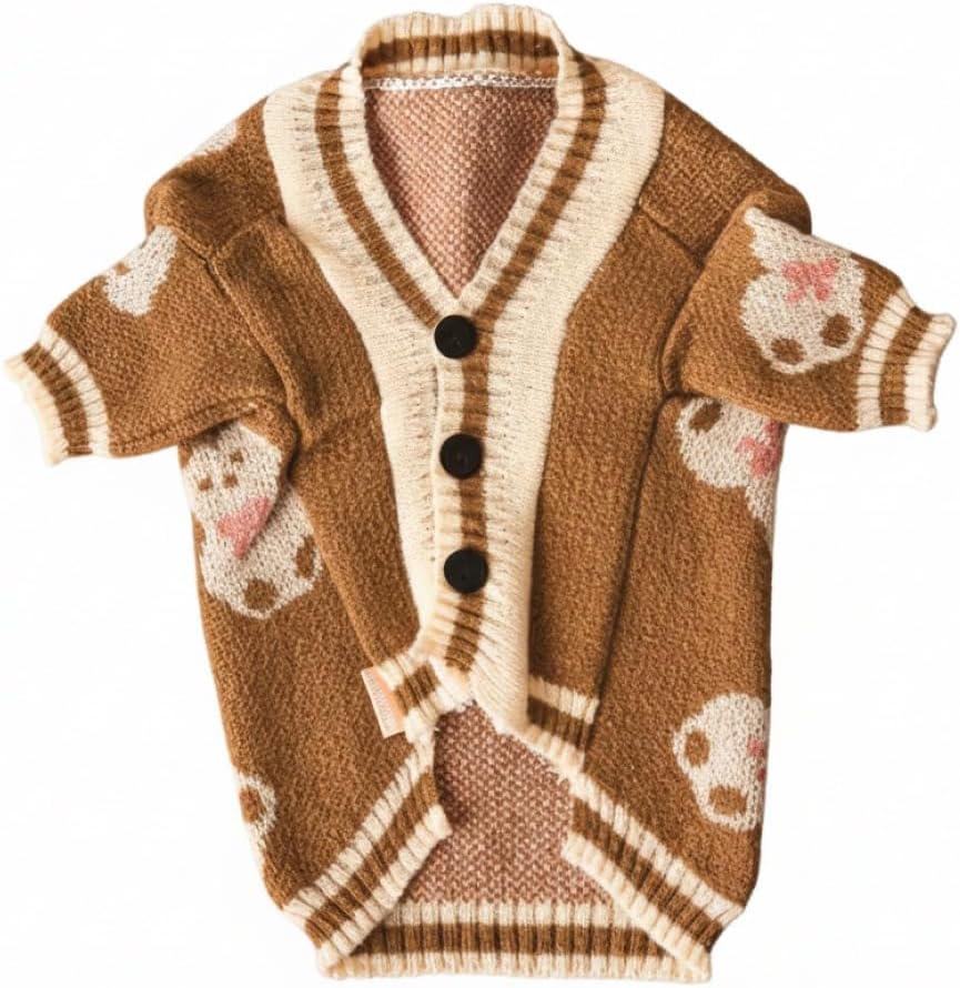 Dog Sweater with Cute Bear Pattern - Soft Knit Pet Cardigan for Small Dogs, Warm Puppy Winter Clothes, Button-Up Dog Jacket with Sleeves, Size M