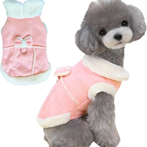 Bowtie Dog Cold Weather Coat Fleece Lining Warm Pet Puppy Turtleneck Dogs Winter Coats for Small Dogs Jacket with D-Ring Leash (Medium, Pink)