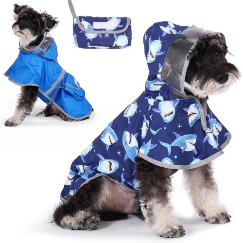 Dog Raincoat, Reversible Pet Rain Jacket Clear Hooded Double Layer with Easy Storage Pocket, Adjustable Waterproof&Windproof Reflective Puppy Poncho with Leash Hole for Small Medium Dogs, M