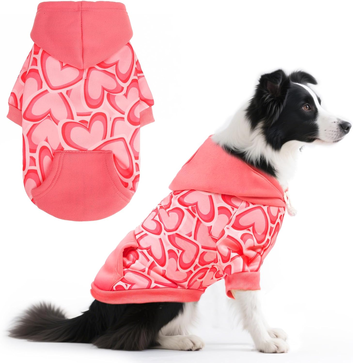 Dog Hoodie Pet Sweatshirt Soft Warm Clothes Fleece Lined with Hat for Small Medium Large Dogs, Pocket Design, Pink Heart, L