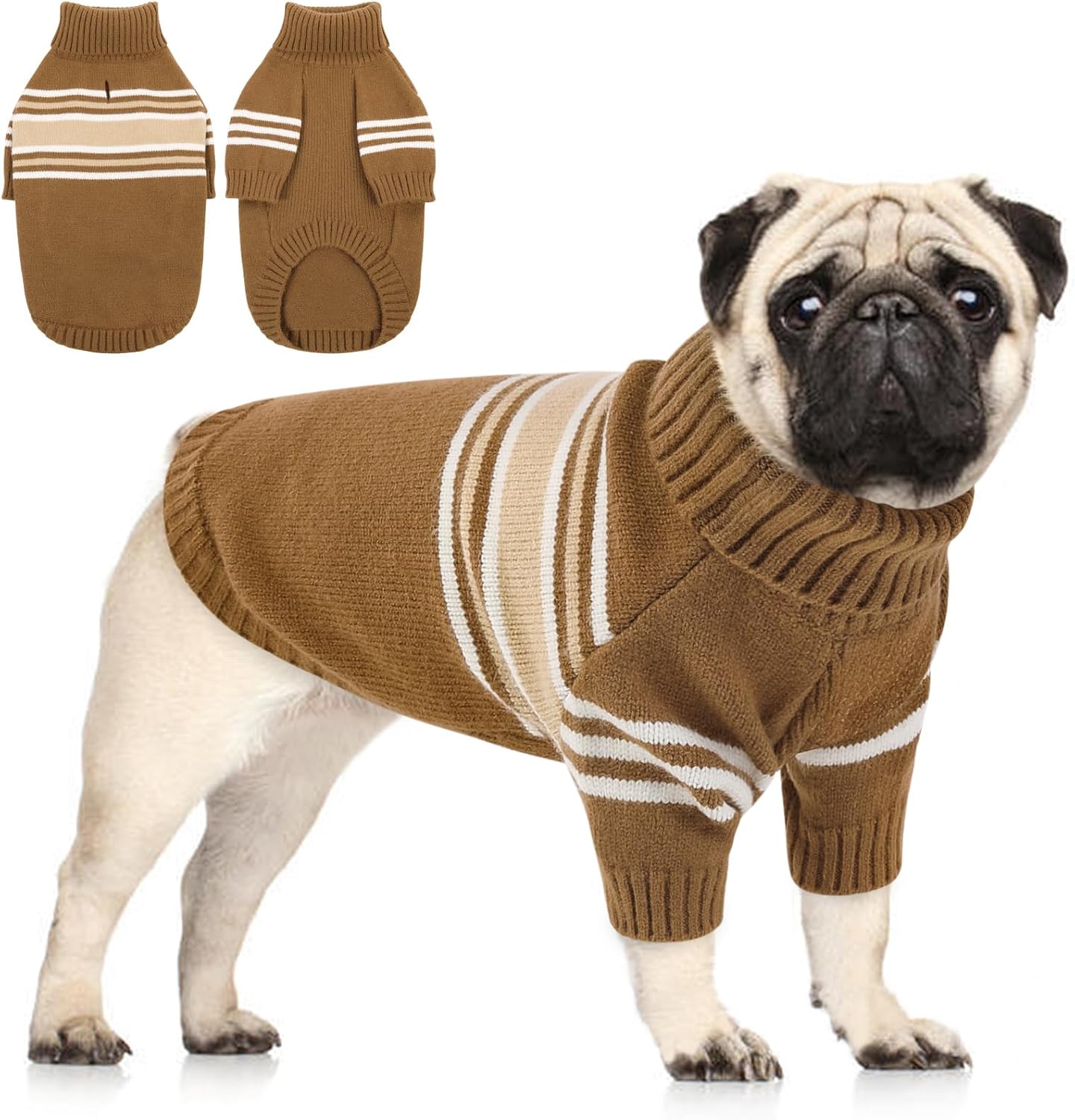 Dog Striped Knitted Sweater, Turtleneck Pullover Pet Coat, Dog Winter Clothes with Leash Hole for Small Medium &Large Dogs(Brown,M)