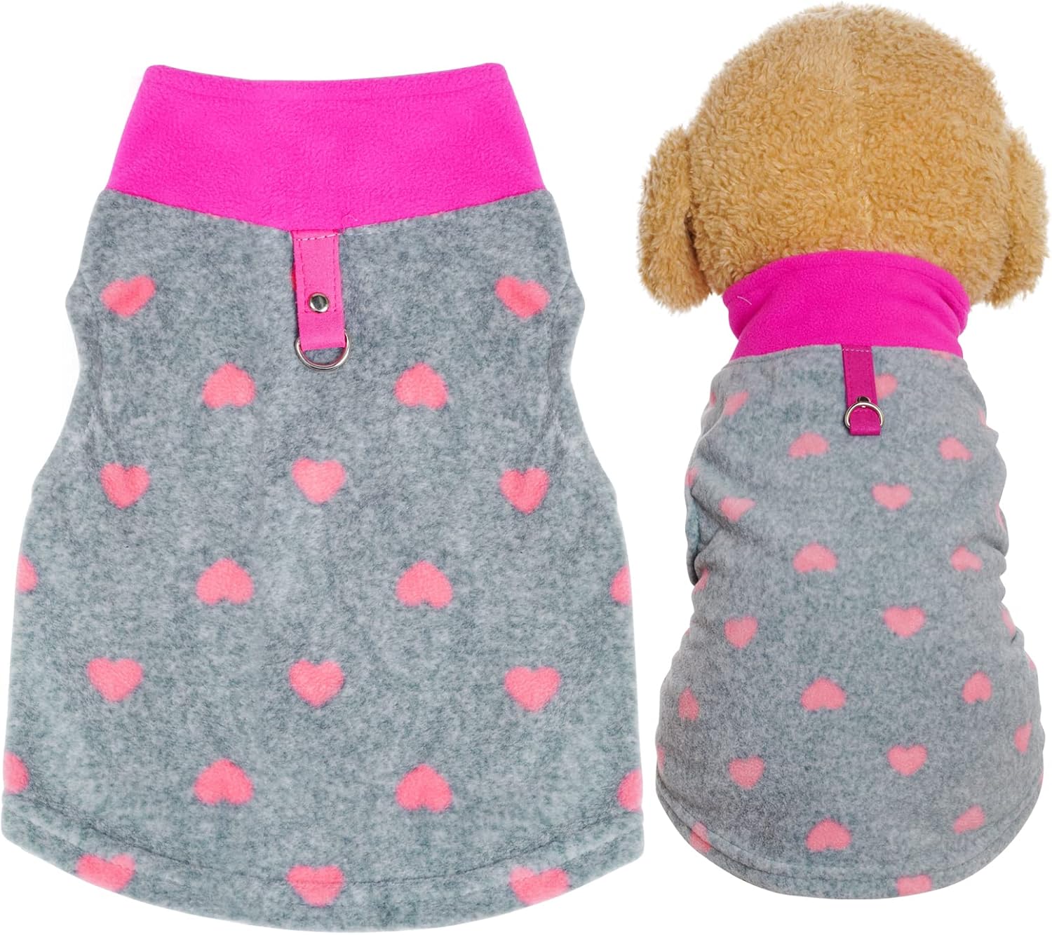 Grey Dog Heart Sweater with Leash Ring Soft Fleece Vest - Warm Pet Jacket for Small Puppy & Cat (Small)