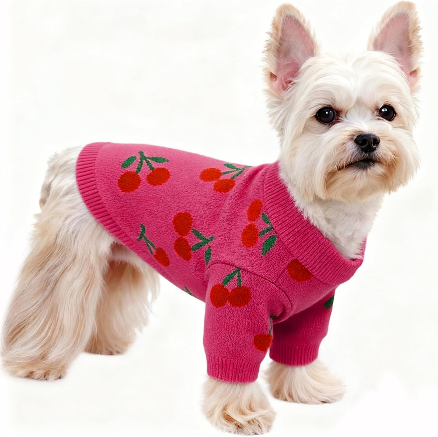 Dog Sweater for Small Dogs Pink Cherry Knitted Pullover,Puppy Sweatshirts Chihuahua Sweaters Warm Soft Pet Yorkie Winter Clothes for Kitten Cats and Dogs (Small)