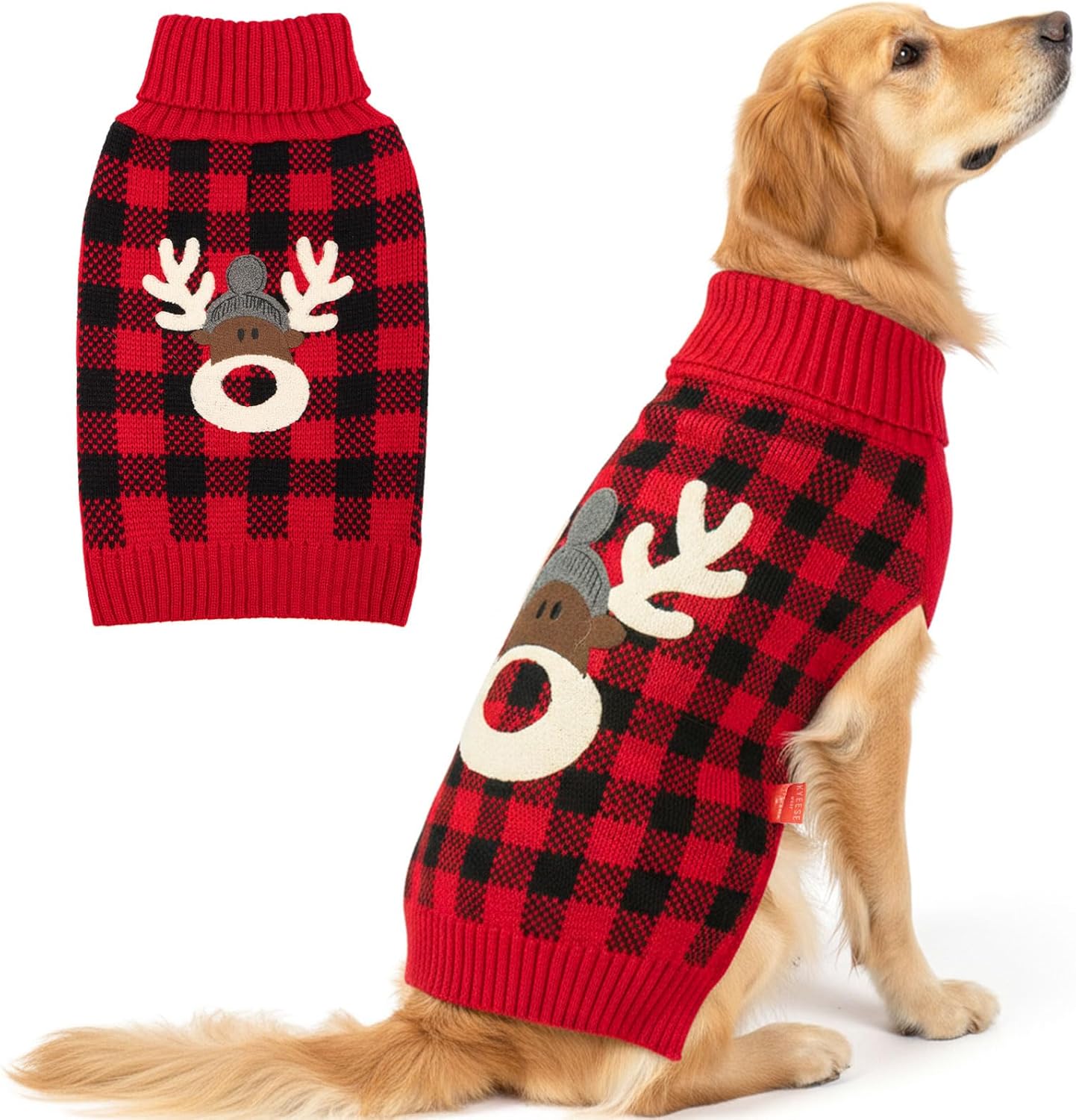 Dog Christmas Sweater with Reindeer Pattern, Cozy Holiday Outfit, Red Buffalo Plaid Knitwear, Turtleneck Dog Sweater for Medium Dogs with Leash Hole, Soft Warm Pet Clothes, XX-Large