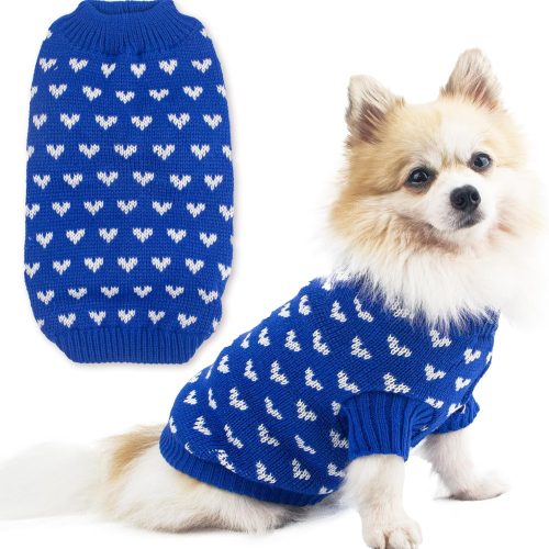 Dog Sweater Heart Puppy Sweater Warm Soft Pet Cloth Dog Outfits for Small Dogs and Cats (Blue, XS)
